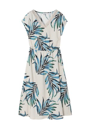 Floral dress made of lightweight fabric featuring a cream background with blue and green palm leaf patterns, v-neckline, and short sleeves.