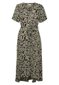 Schwarzes Kleid mit kurzen Ärmeln, das ein sich wiederholendes, beiges Blättermuster aufweist, mit einem Taillengürtel und einem fließenden, knöchellangen Design. Weicher Stoff.