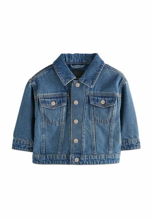 Veste en denim bleu avec fermeture à boutons sur le devant, deux poches à rabat sur la poitrine, col et manches longues.