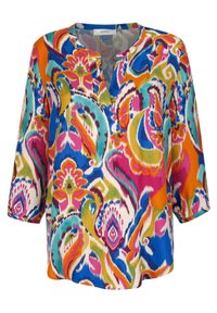 Blouse femme avec un motif paisley multicolore vibrant, manches trois-quarts et col en V fendu.