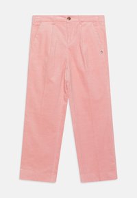 Roze corduroy broek met een rechte pijpdesign, voorzien van verticale ribbels, zijzakken en een ronde knoopsluiting.