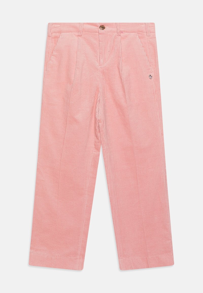 Roze corduroy broek met een rechte pijpdesign, voorzien van verticale ribbels, zijzakken en een ronde knoopsluiting.