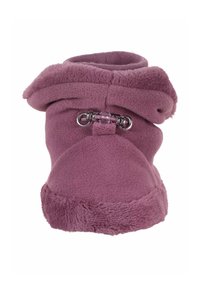 Fleece-Hausschuh in Mauve mit umschlagbarem Kragen, elastischem Kordelverschluss und weichem, strukturiertem Futter; verfügt über eine abgerundete Zehenpartie und eine plüschige Sohle.