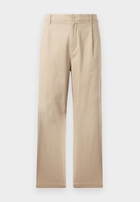 Beige straight-leg trousers made of soft cotton fabric, featuring a button closure, pleats at the front, and clean, simple hems.