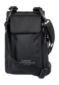 Borsa a tracolla nera in nylon con pattina, tasche con zip, tracolla regolabile e marchio sul davanti. Esterno testurizzato e design minimale.