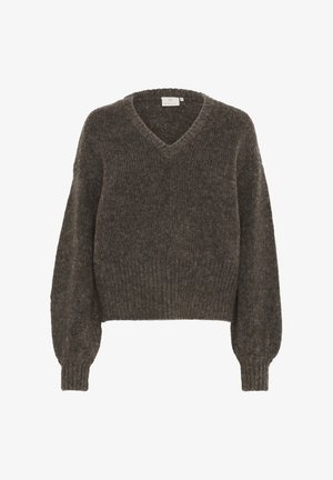 V-izrez, skrajšan pulover temno sive barve, izdelan iz mehkega, teksturiranega pletenega materiala s širokimi, volumnimi rokavi in ribastimi manšetami.
