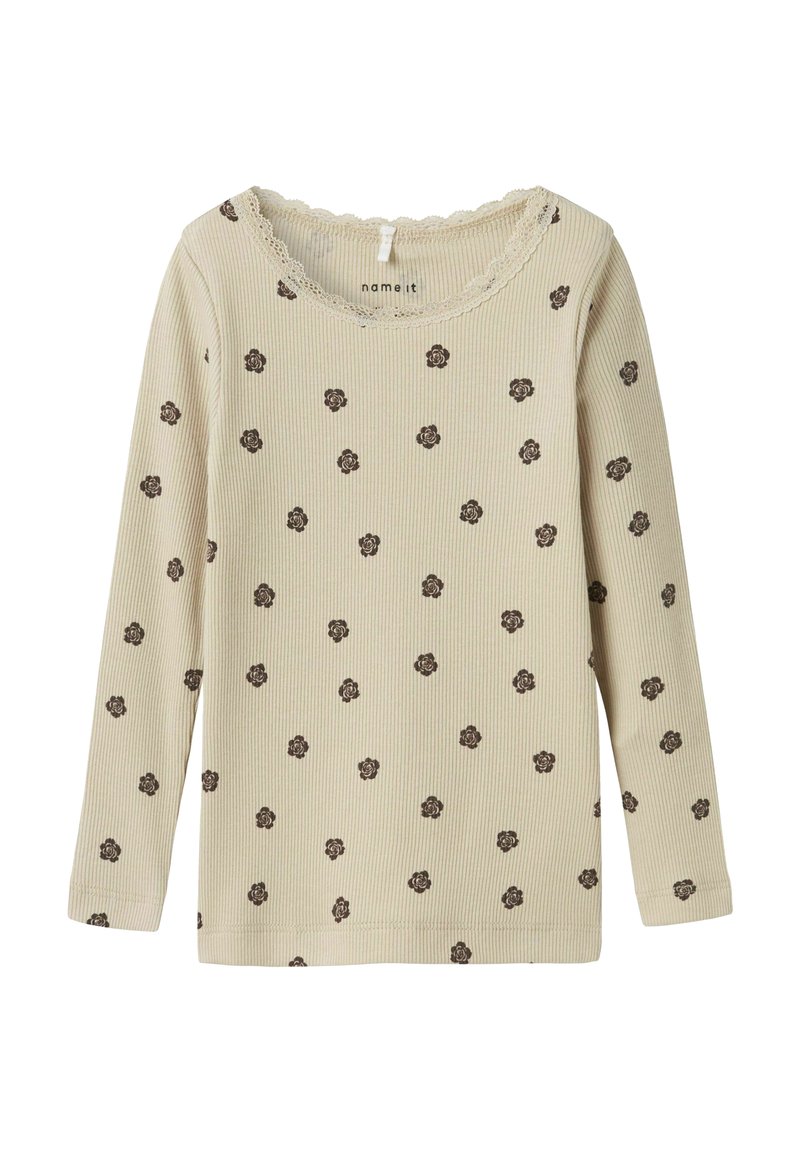 Lichtbeige langarmshirt met ribbelstructuur, voorzien van kleine bruine bloemmotieven en een ronde hals met kantafwerking.