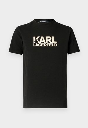 Schwarzes Baumwoll-T-Shirt mit kurzen Ärmeln und Rundhalsausschnitt. Mit einem goldenen Logodruck "KARL LAGERFELD" und einem Silhouettenakzent.
