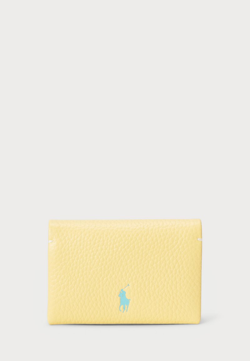 Yellow leather wallet with a textured finish. Features a blue logo. Compact rectangular shape with a secure closure.