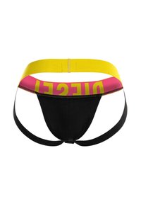 Jockstrap noir avec une large ceinture jaune et une bande intérieure rose avec un texte jaune inversé "DIESEL". Deux sangles noires pour les jambes s’étendent en dessous.