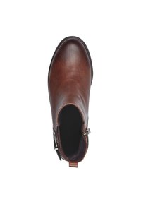 Bottine en cuir marron avec un bout rond, texture lisse, fermeture éclair sur le côté et une languette à l'arrière pour un enfilage facile.