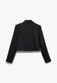 Giacca nera corta con un tessuto texturizzato, colletto a revers e maniche lunghe. Il retro è liscio con un motivo sottile.