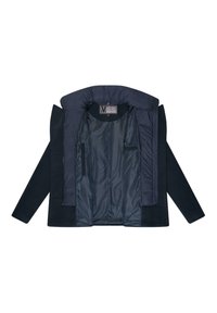 Marinblå kapp med vadderad krage och innerväggar, med en slät satinfoder och två innerfickor. Erbjuder strukturerade axlar och en skräddarsydd passform.