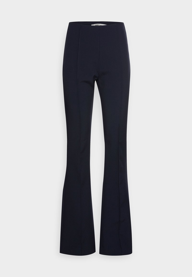 Pantalon évasé bleu marine avec taille haute et couture avant dissimulée, présenté sur un fond clair uni.