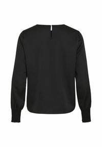Blusa nera con scollatura rotonda e apertura a chiave dietro. Presenta maniche lunghe con polsini arricciati. Tessuto morbido e leggero.
