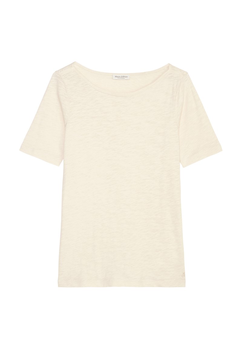 Helles beige Baumwoll-T-Shirt mit Rundhalsausschnitt, kurzen Ärmeln und einer weichen, strukturierten Oberfläche. Keine sichtbaren Muster oder Verzierungen.