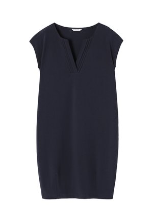 Námořnické modré šaty s výstřihem do V, krátkými rukávky a sklady na výstřihu. Hladká tkanina s volným střihem a bočními rozparky na lemování.