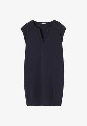Tume sinine kleit V-kaelusega, lühikeste kattes myksuvarrukatega ja volditud detailidega kaeluses. Sile kangas, mugav lõige ja külgmised lõhed hemmet.