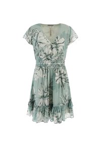 Robe florale vert menthe avec des manches courtes, décolleté en V, taille élastiquée et ourlet à volants. Tissu lisse et léger avec des motifs de feuilles.