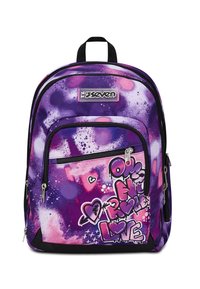 Zaino in nylon sprayato di viola e rosa con multiple tasche con zip, caratterizzato da un design in stile graffiti e dettagli neri.