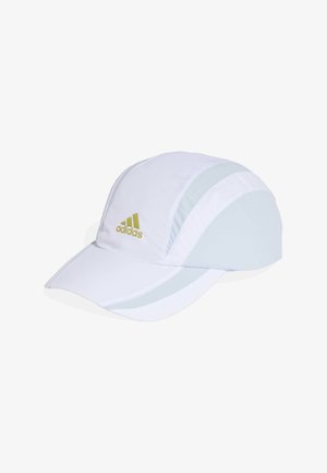 White athletic cap featuring light blue accents, made from a breathable material, with a curved brim and an embroidered logo in gold.