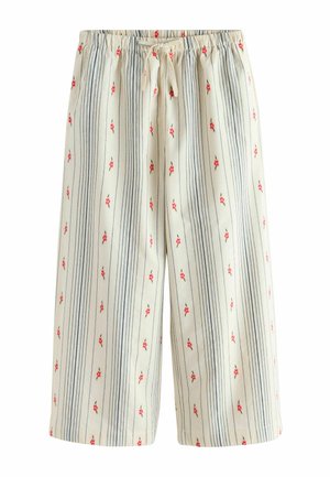 Cremefarbene, weit geschnittene Hose mit vertikalen marineblauen Streifen und kleinen roten Blumenmustern, mit elastischem Bund und Kordelzug.