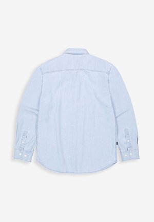 Lichtblauw hemd met lange mouwen, knoopsluiting en kraag, zichtbare naden aan de achterkant en mouwen, en met knopen omslagen.