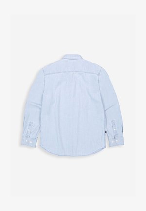 Lichtblauw hemd met lange mouwen, knoopsluiting en kraag, zichtbare naden aan de achterkant en mouwen, en met knopen omslagen.