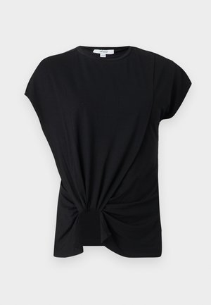 T-shirt noir à manches courtes avec encolure ronde et détail nœud à l'ourlet, présenté sur un fond clair uni.