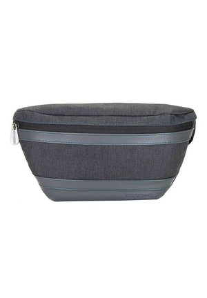 Grau Stoff kosmetische Tasche mit strukturiertem Design, ausgestattet mit einem glatten grauen Boden, blauen Akzenten und einem Reißverschluss.