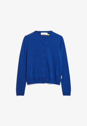 Blauer Strickcardigan mit rundem Halsausschnitt, Knopfverschluss vorne und langen Ärmeln. Verfügt über gerippte Säume und Bündchen, schlichtes Design und keine Muster.