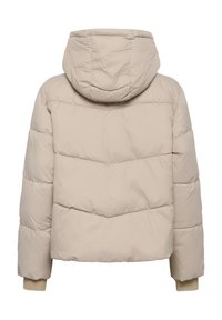 Beige puufferjakke med hætte, med et quiltet design, elastiske manchetter og en cropped pasform, velegnet til hverdag.