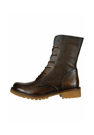 Botas de tobillo de cuero marrón con cordones, superficie texturizada, puntera redonda y suela de corcho. Acento notable del logo en el talón.