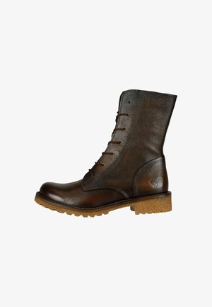 Brown leather lace-up ankle boots with textured surface, rounded toe, and cork sole. Notable logo accent on the heel.