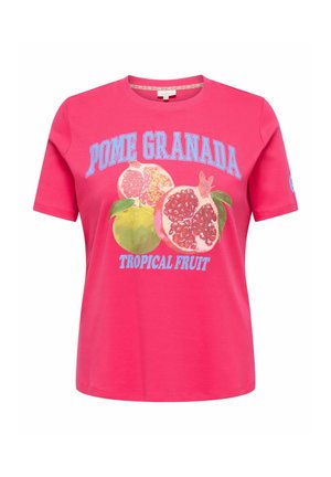 Felroze T-shirt met afbeelding van een granaatappel en blauwe tekst met "POME GRANADA" en "TROPICAL FRUIT" aan de voorkant.