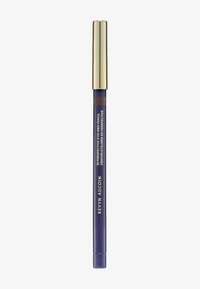 Dunkel-lila Eyeliner-Stift mit goldener Kappe. Die Texture ist glatt und mit weißem Text versehen. Die Form ist zylindrisch und für eine präzise Anwendung ausgelegt.