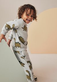 Lys grå sweatshirt og bukser med dinosaurtryk i olivengrøn. Har ribbede manchetter og afslappet pasform. Baggrunden er i bløde pastelfarver.
