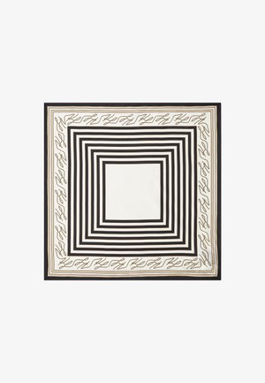 Čtvercový šátek s koncentrovanými černobílými pruhy a béžovým lemem s opakujícím se návrhem kurzívního písma.