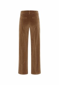 Bruna kordbyxorna har en vid passform och två bakfickor samt en slät yta. Tyget har ett mjukt, plyschliknande utseende.