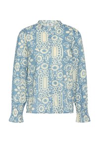 Camicia a maniche lunghe con bottoni di colore azzurro chiaro, decorata con motivi floreali e geometrici bianchi, dotata di colletto alla coreana e maniche arricciate.