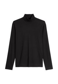 Czarny longsleeve z golfem wykonany z miękkiego materiału; posiada dopasowany dekolt i prosty dół, bez widocznych wzorów czy akcentów.