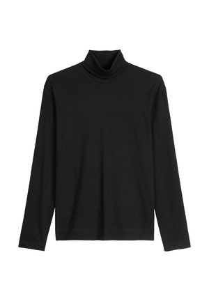 Black long-sleeved turtleneck top made of soft fabric; features a fitted neck and straight hem, with no visible patterns or accents.