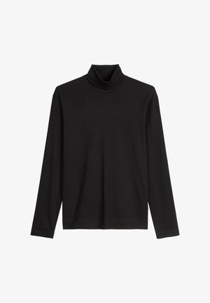 Black long-sleeved turtleneck top made of soft fabric; features a fitted neck and straight hem, with no visible patterns or accents.