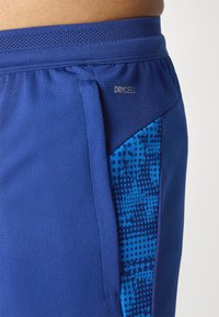 Kongelige blå treningstights med en teksturert stoff. Har et mønstrete blått aksentpanel og en logo med teksten "DRYCELL" på midjen.