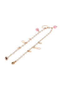 Guldtonet kædeaccessory med lyserøde perler, klokkecharms og dekorative led, med en glat tekstur og et delikat design.