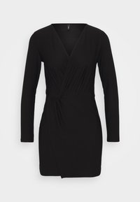 Abito nero con maniche lunghe, scollatura a V, design avvolgente e dettaglio arricciato sul lato. Realizzato in un tessuto morbido con una finitura liscia.