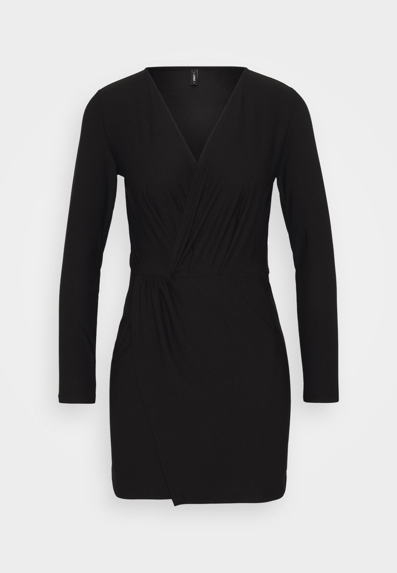 Schwarzes Kleid mit langen Ärmeln, V-Ausschnitt, Wickeldesign und gerafftem Seitendetail. Hergestellt aus weichem Stoff mit glatter Textur.