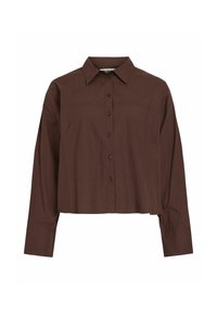 Bruine cropped overhemd met knopen, een kraag, lange mouwen en contrasterende knopen. Glad materiaal met subtiele stikseldetails.