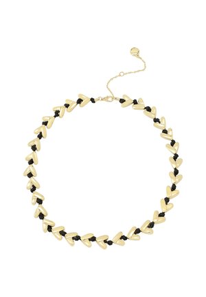 Gold-tone necklace featuring heart-shaped elements interspersed with black accents, secured with a chain extender for adjustable length.
