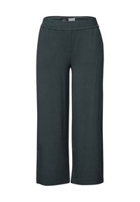 Pantalons larges gris foncé en tissu doux et extensible avec une taille élastique. Présente une coupe classique et des poches latérales.